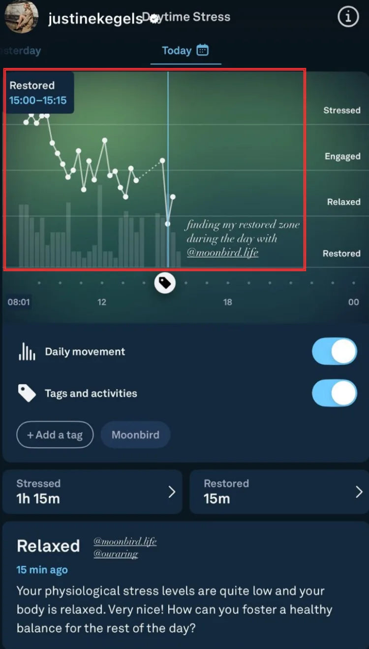 Instagram story: an Oura daytime stress screen showing a restored zone during the day, tagged moonbird