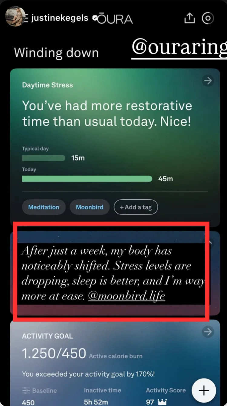 Instagram story: after a week of moonbird, stress dropping and sleep better, shown in the Oura app