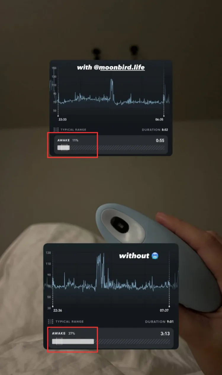 Instagram story: two sleep charts side by side, 11 percent awake with moonbird versus 37 percent without