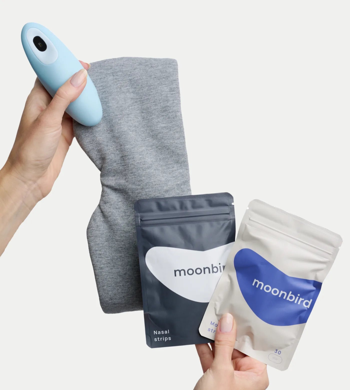 The full moonbird sleep pack: breathing device, sleep mask, nasal strips and mouth strips