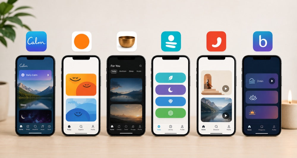 Phones showing meditation app home screens